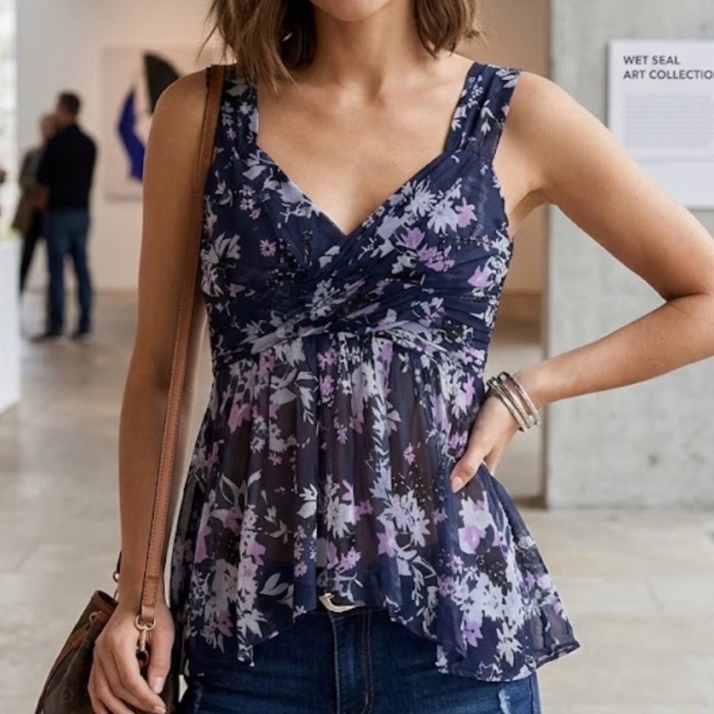 Wet Seal Navy and Lavender Floral Mesh Blouse